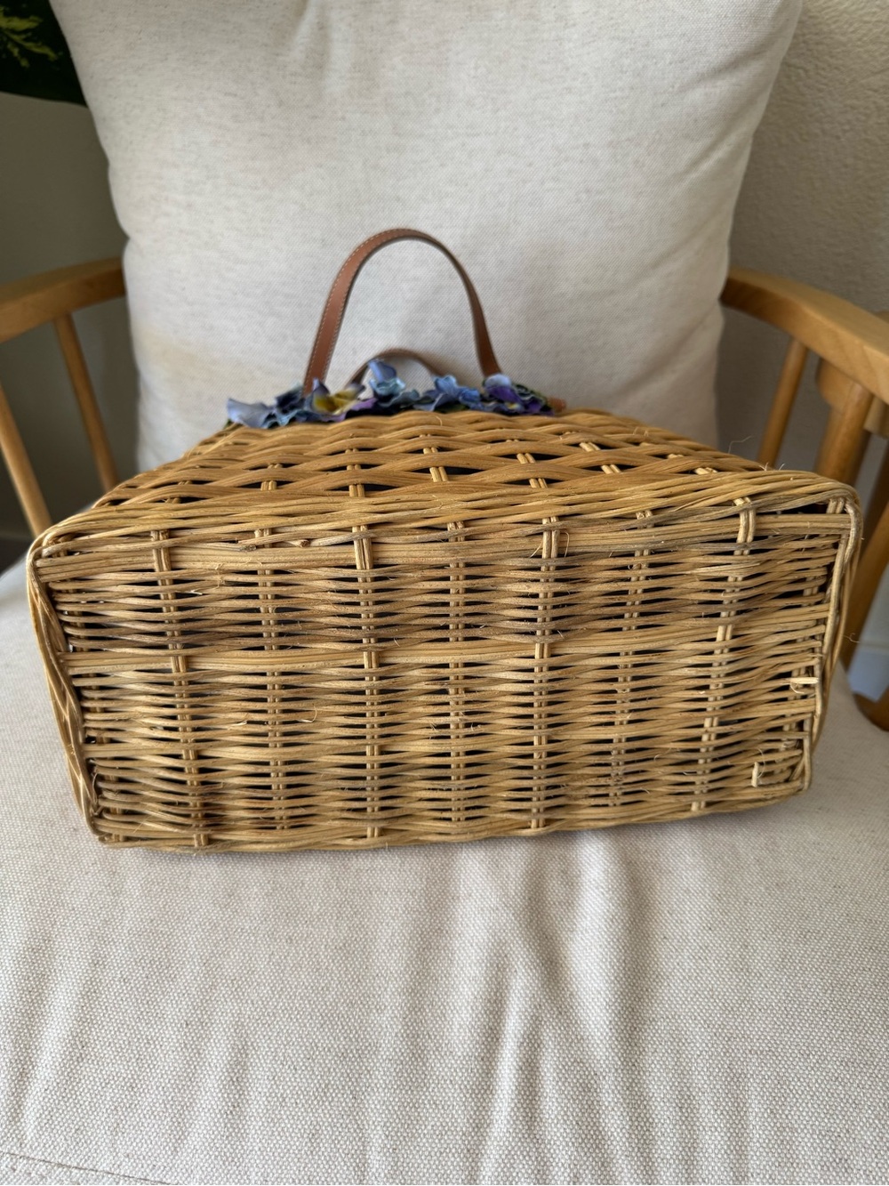 RARE Kate Spade New York Floral Wicker Woven Basket Bag Nuetral Tote Handbag - Picture 10 of 17